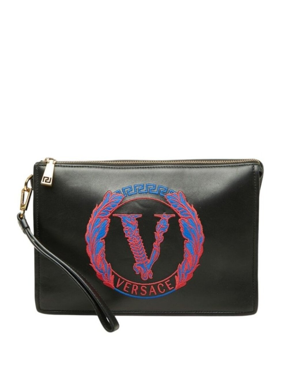 Versace Clutch Logo Embroidery Design Black Leather